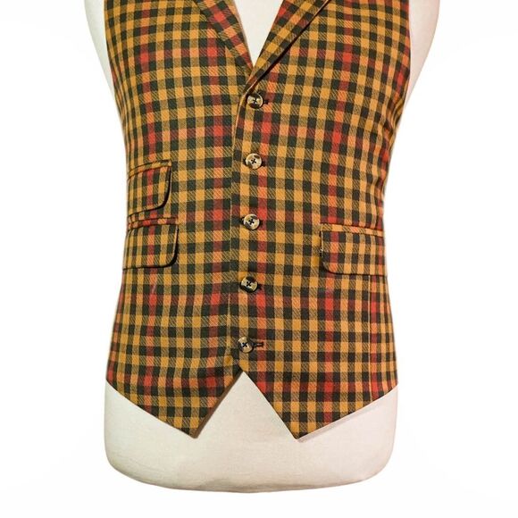 Mens 46R Wool Plaid Check Vest Waistcoat Yellow Red Orange Formal Wedding Party - Picture 4 of 8